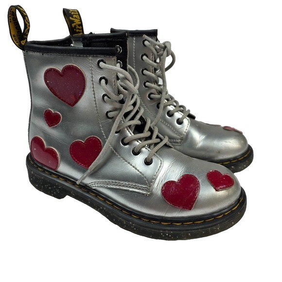 Dr. Martens Shoes - Dr. Martens Boots‎ Metallic Silver Hearts Zipper Side Sz 3 Valentines High Top